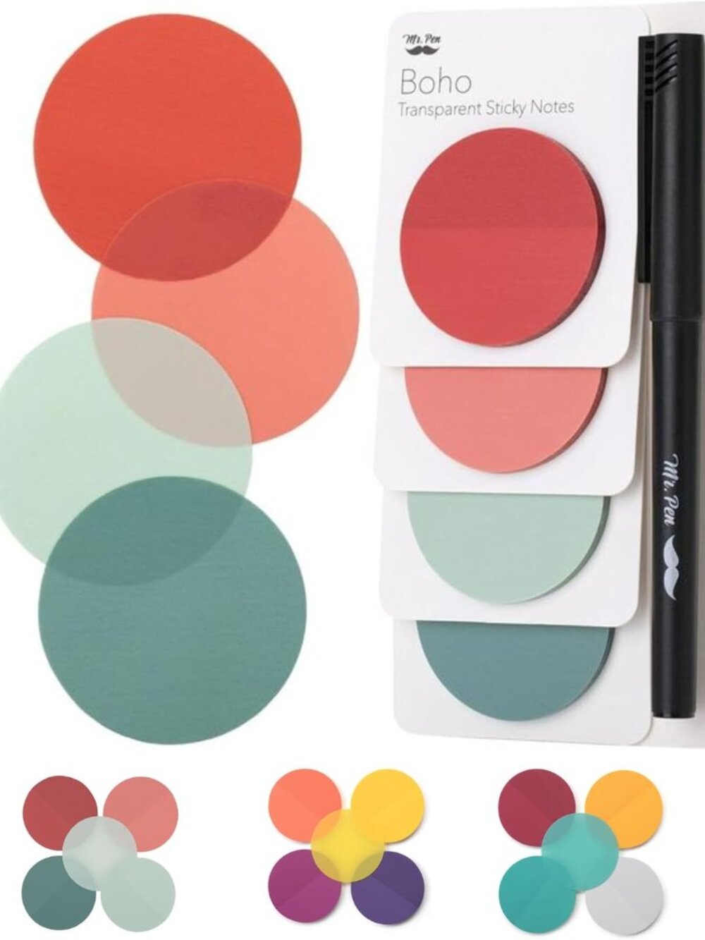 Round Transparent Sticky Notes, 1.8”, 4 Pads with Black Fineliner